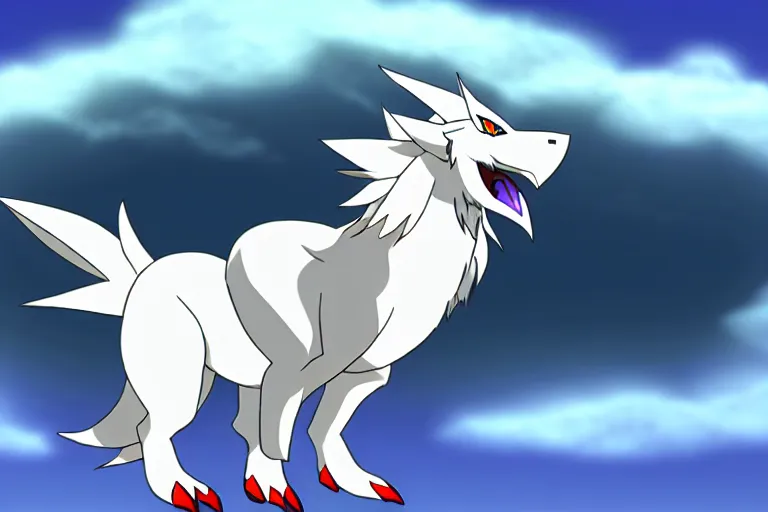 Image similar to a white feathered wolf with a bladed horn and tail. a photo of absol in the style of a pokemon snap screenshot.