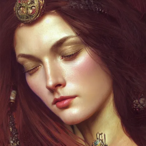 Prompt: closeup portrait of a beautiful alluring female goddess, detailed, centered, digital painting, artstation, concept art, donato giancola, Dante Gabriel Rossetti, alphonse mucha, Joseph Christian Leyendecker, WLOP, Boris Vallejo, Breathtaking, 8k resolution, extremely detailed, beautiful, establishing shot, artistic, hyperrealistic, beautiful face, octane render