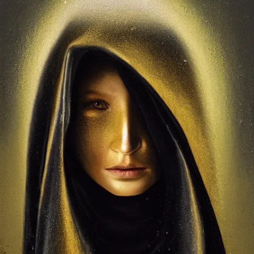 Image similar to a portrait of a young woman wearing a long dark cloak, hood and shadows covering face, holding golden chains, oil painting, matte painting, black background, Volumetric Golden dappled dynamic lighting, Highly Detailed, Cinematic Lighting, Unreal Engine, 8k, HD, by Beksinski