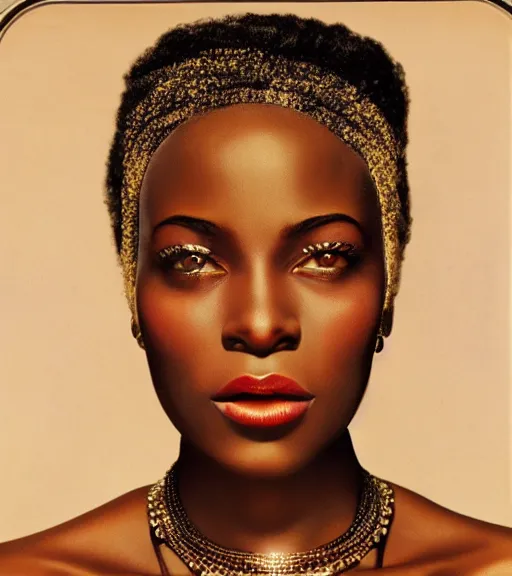 Image similar to vintage_closeup portrait_photo_of_a_stunningly beautiful_congolese_woman with amazing shiny eyes, hyper detailed by Annie Leibovitz