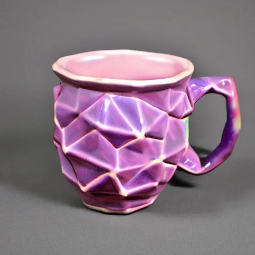 Image similar to dodecahedron ceramic mug with pink and purple pearlescent glaze