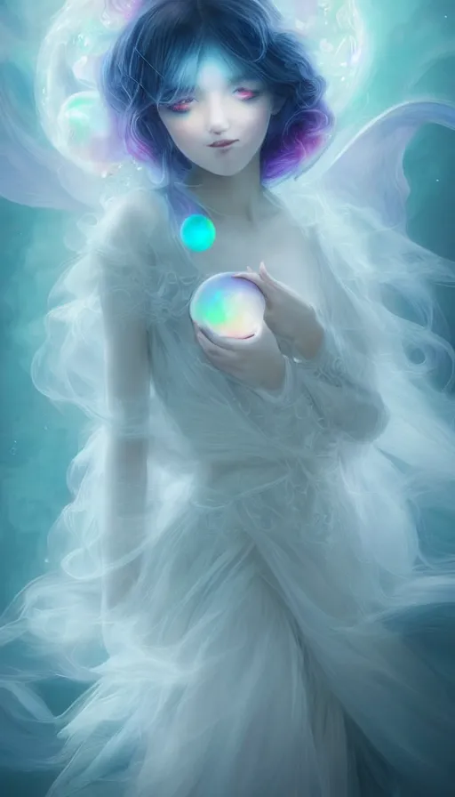 Image similar to portrait of magical ghost girl, ethereal , cloudy, transparaît, gradient white cyan, dreamy and ethereal, (colour) eyes, peaceful expression, ornate frilly dress, fantasy, intricate, elegant, rainbow bubbles, highly detailed, digital painting, artstation, concept art, smooth, sharp focus, illustration, art by artgerm and greg rutkowski and alphonse mucha