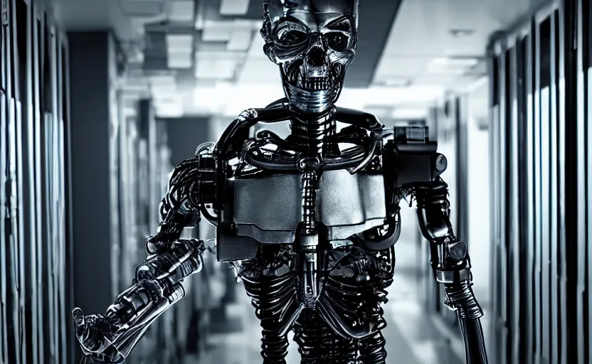 Image similar to terminator without flesh, staying in front of data center room. extreme long shot, high detail, cinematic colors