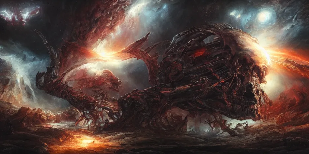 Prompt: cinematic shot of a gothic sci-fi spaceship, demonic goat skull, epic nebula, planetary landing, Dan Seagrave art