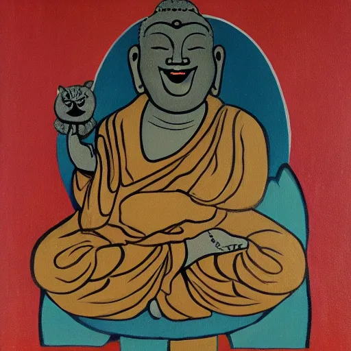 Image similar to painting of the - laughing - buddha with cat