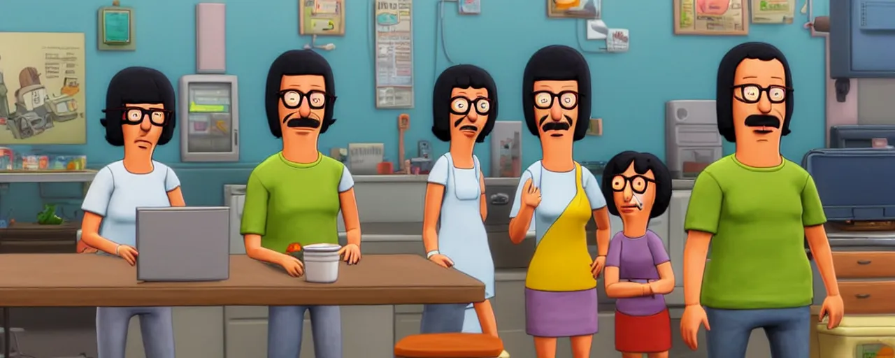 Image similar to cast of bob's burgers in the computer game the sims, tilt shift, volumetric lighting, computer graphics