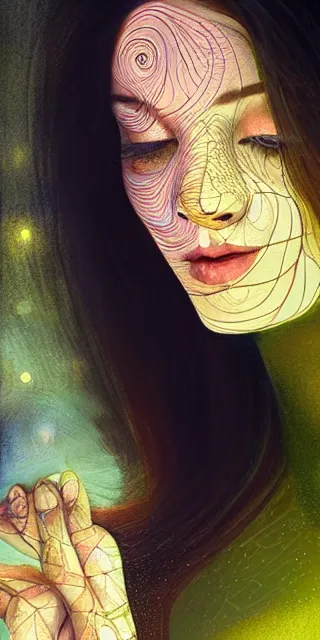 Image similar to young woman, fit body, serene smile, spiritual scene, surrounded by golden firefly lights amidst nature, fully covering intricate dress, long red hair, precise linework, accurate green eyes, small nose with freckles, beautiful smooth oval shape face, empathic, expressive emotions, hyper realistic ultrafine art by artemisia gentileschi, jessica rossier, boris vallejo