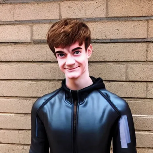 Image similar to “a realistic detailed photo of a guy who is an attractive humanoid who is half robot and half humanoid, who is a male android, twitch streamer Ninja Tyler Blevins, shiny skin, posing like a statue, blank stare, streaming”