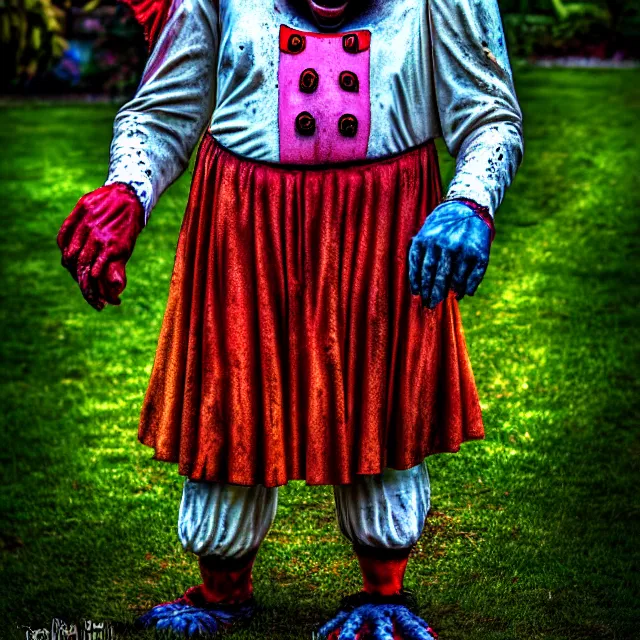 Prompt: creepy clown in your garden, highly detailed, 8 k, hdr, smooth, sharp focus, high resolution, award - winning photo