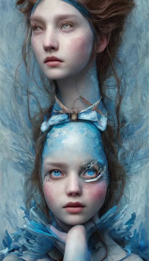 Image similar to epic masterpiece alice in wonderland, sweaty skin, hyperrealistic, octane render, cinematic, beautiful face and flawless skin, perfect hands, 5 fingers, blue, by Edgar Maxence and Ross Tran and Michael Whelan, Legends of Runeterra