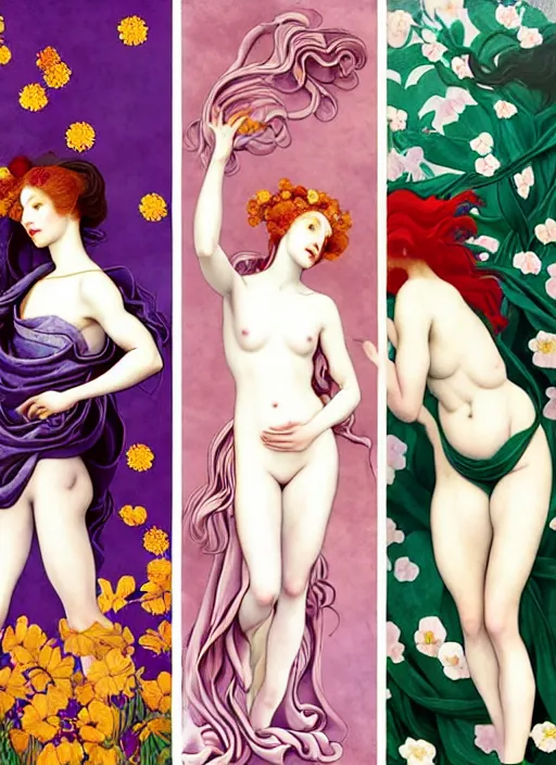 Image similar to 3 Spring Muses symbolically representing March, April, and May, in a style blending Æon Flux, Peter Chung, Shepard Fairey, Botticelli, Ivan Bolivian, and John Singer Sargent, inspired by pre-raphaelite paintings, shoujo manga, and cool Japanese street fashion, dramatically blossoming flora and fauna, petals falling everywhere, pastel vivid triad colors, hyper detailed, super fine inking lines, ethereal and otherworldly, 4K extremely photorealistic, Arnold render