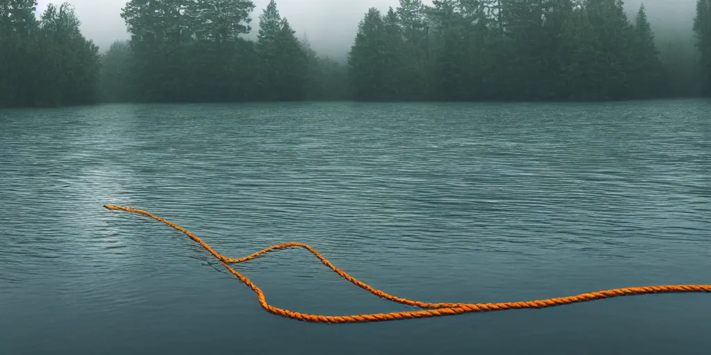 Image similar to symmetrical color photograph of an infinitely long rope submerged on the surface of the water, the rope is snaking from the foreground towards the center of the lake, a dark lake on a cloudy day, trees in the background, moody scene, anamorphic lens