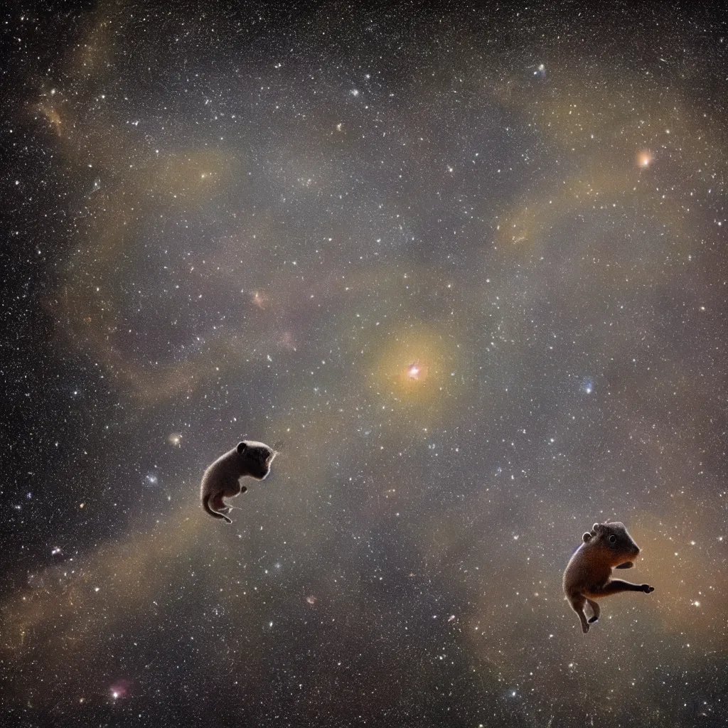 Prompt: a black gerbil eating the earth, starry background, space photography