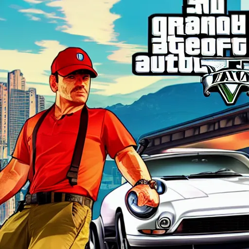 Image similar to a screenshot of GTA V with mario driving a car