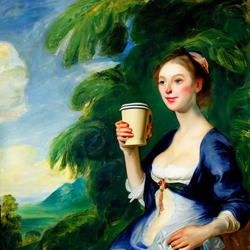 Image similar to heavenly summer sharp land sphere scallop well dressed lady holding a tall starbucks paper coffee cup, auslese, by peter paul rubens and eugene delacroix and karol bak, hyperrealism, digital illustration, fauvist, tall starbucks paper coffee cup, green coffee logo