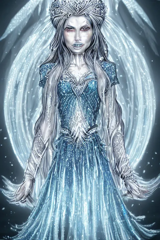 Prompt: an ice queen covered in ice crystals in the style of andrei martin, highly detailed,