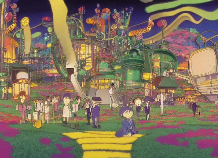 Image similar to film still of Willy Wonka's and the Chocolate Factory Artwork by Dice Tsutsumi, Makoto Shinkai, Studio Ghibli