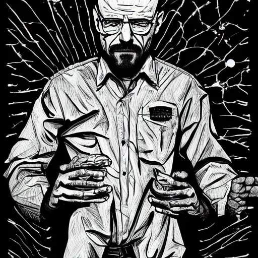 Prompt: Walter White on a acid trip , accurate anatomy, accurate hands, highly detailed, digital art, epic, masterpiece,