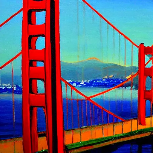 Image similar to a painting of the golden gate bridge in san francisco, a fine art painting by elaine duillo, featured on dribble, american scene painting, nightscape, impressionism, acrylic art,