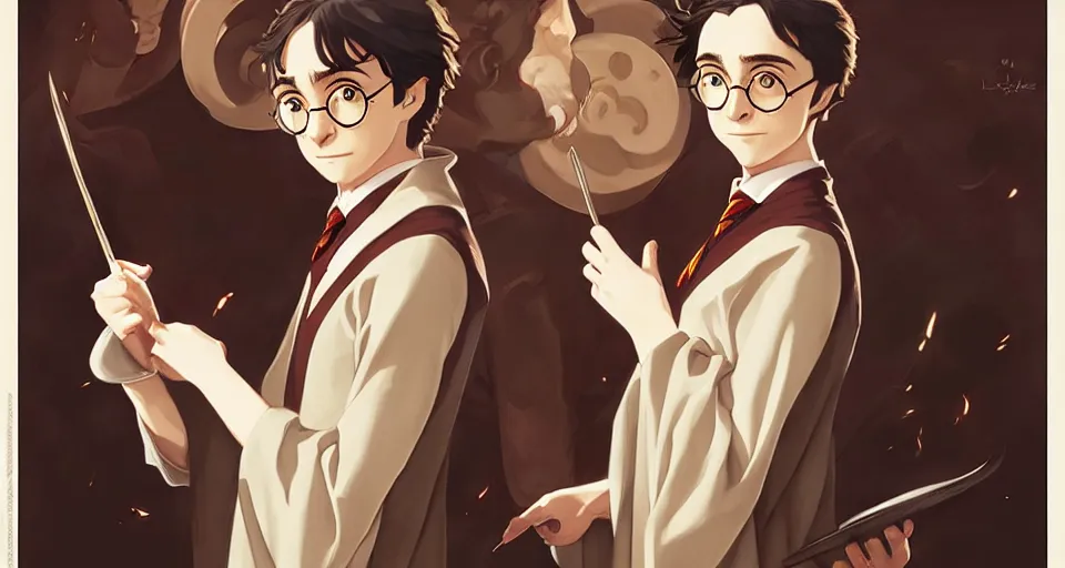 Image similar to harry potter, in the style of studio ghibli, j. c. leyendecker, greg rutkowski, artgerm