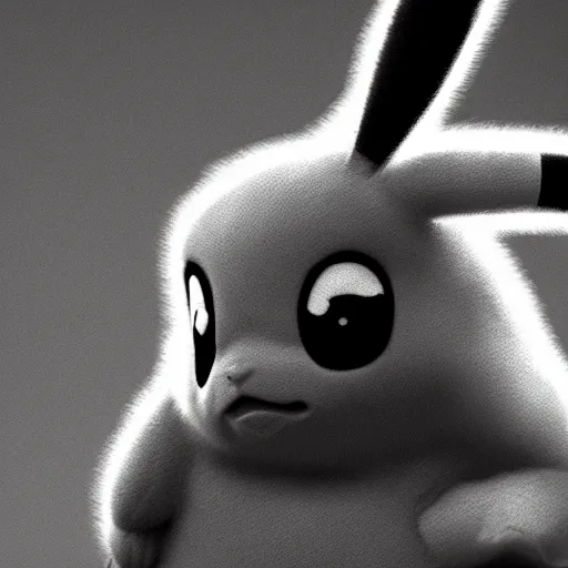 Prompt: hyper - realistic picture of pikachu, black and white, 4 k, cinematic, well - lit, very detailed