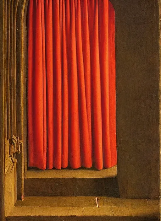 Prompt: red curtain, medieval painting by jan van eyck, johannes vermeer, florence