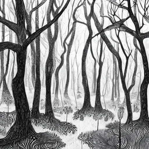 Prompt: beautiful forest illustration, 4k detailed, black ink on white paper, fantasy, white space in center