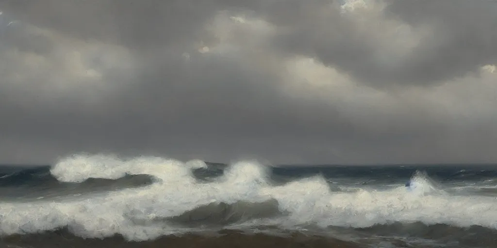 Image similar to storm, grey clouds, seagulls above a rough surf, jeremy lipking