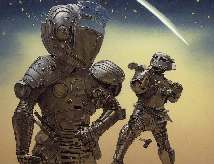 Prompt: a detailed portrait painting of a lone shock trooper in ceramic painted armour and visor. cinematic sci-fi poster. Flight suit, cloth and metal, accurate anatomy. Samurai influence, knight influence. fencing armour. portrait symmetrical and science fiction theme with lightning, aurora lighting. clouds and stars. Futurism by moebius beksinski carl spitzweg moebius and tuomas korpi. baroque elements. baroque element. intricate artwork by caravaggio. Oil painting. Trending on artstation. 8k