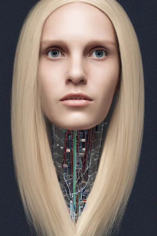 Image similar to robot with human face, female head, full body angle, woman human face, human face realistic, beautiful blonde hair, human head, human head with blonde hair, blonde hair human head, blonde hair, human realistic face, human head skin, cyborg frame concept, cyborg by ales-kotnik, sci-fi android female, the body is made of wires, robotic body, cyborg body, cyborg bust body, robot body cyborg, full body