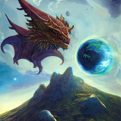 Image similar to Gigantic chrystalline blue scaled gold horned dragon devouring an earth like planet while flying in space, sun system, behemoth, nebula, oil painting, by Fernanda Suarez and Edgar Maxence and Greg Rutkowski