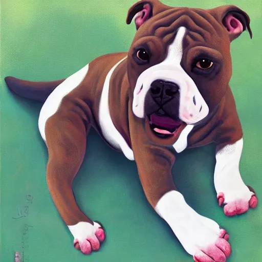 Image similar to pitbull bulldog mix with brindle coat and white paws and white chest playing with a dinosaur plushie. oil painting. impressionist. sunny day.