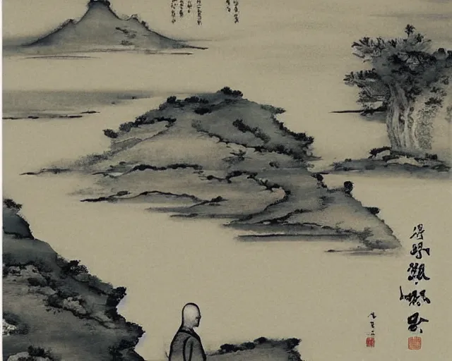 Prompt: zen monk meditating by a river, chinese landscape, traditional chinese ink painting,