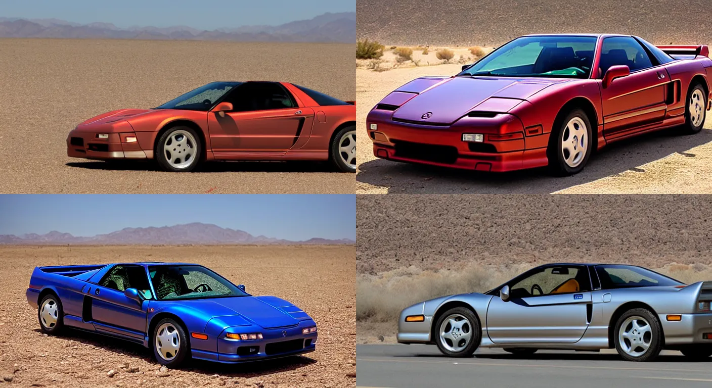 Prompt: a wrecked 1 9 9 7 acura nsx, abandoned in a desert, dusty, damaged, some rust