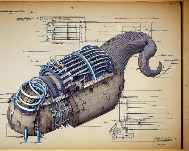 Image similar to a full page of a mechanical blueprint showing a cutaway design for a mechanized brontosaurus from howl's moving castle ( 2 0 0 4 ), with a big head, muted colors, post grunge, studio ghibli, hq,