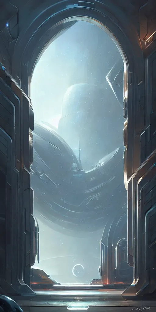 Image similar to hyper realistic art - deco sci - fi double door by jordan grimmer, darek zabrocki