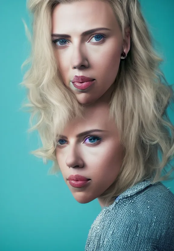 Prompt: portrait photo photo of Scarlett Johansson:: symmetric face, symmetric eyes, slight smile, photo by Annie Leibovitz, 85mm, teal studio backdrop, Getty images