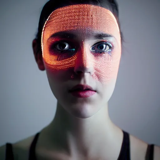 Prompt: photo of young woman, close up, with a cyberpunk camera implant on right eye with led lights, robotic implants over face with small led lights, white background, fine art photography in the style of Bill Henson