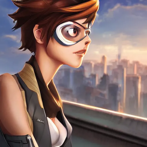 Prompt: digital artwork of tracer sitting on a rooftop, in the style of artgerm, detailed face, expressive face, feminine face, detailed eyes, - n 9