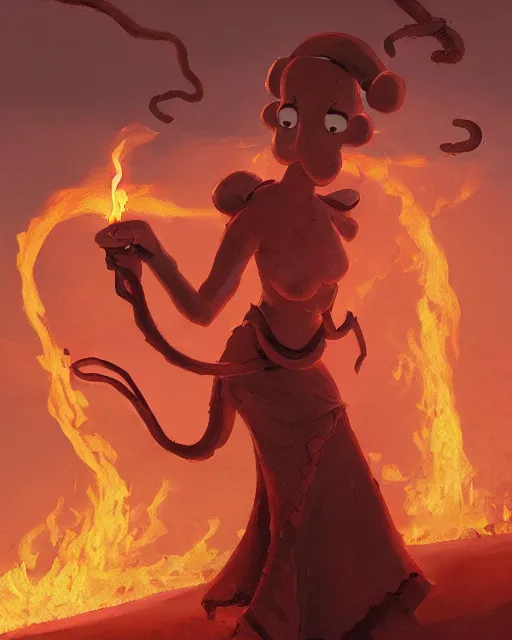 Image similar to tentacled [ squidward ] wearing fire nation clothing and practicing firebending outside at susnset, [ greg rutkowski ]