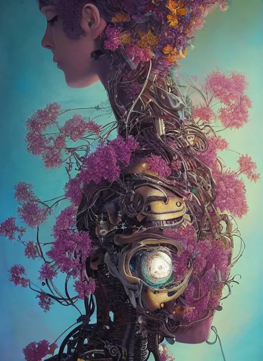 Image similar to a beautiful fine art portrait photo of a robot female cyborg, spread out curly hair covered by hibiscus, daffodils, hydrangea, montsera leaves by tom bagshaw and zach sutton, very detailed, bionic, cybernetic scifi, artstation, 8 k, holographic undertones, highly saturated colors