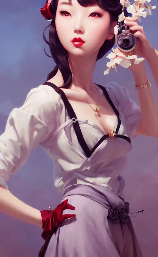 Image similar to a pin up and beautiful fashion charming dreamlke korea girl with lv jewelry, character art, art by artgerm lau and kyoung hwan kim and and ilya kuvshinov and john singer sargent, hyperdetailed, 8 k realistic, symmetrical, frostbite 3 engine, cryengine, dof, trending on artstation, digital art