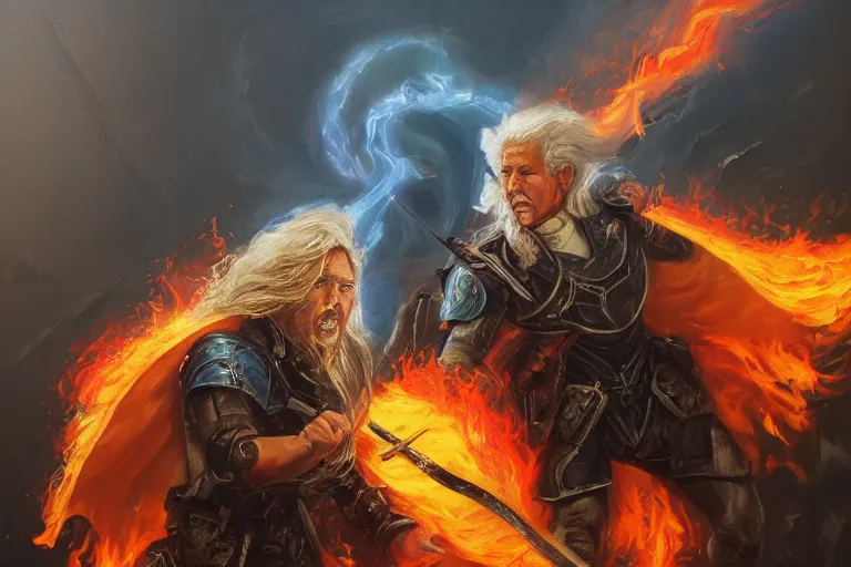 Prompt: a beautiful alex trebek with long curly blond hair brutally destroys his enemies on the battlefield, wrath flame and ruin, oil painting, trending on artstation