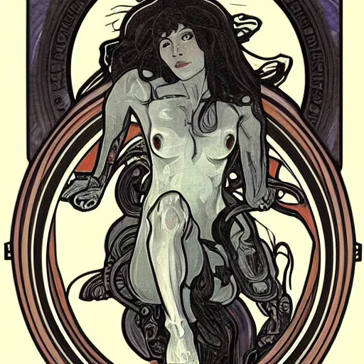 Image similar to xenomorph portrait in the style of alphonse mucha, inticrate,