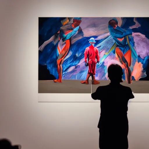 Prompt: art curator looking at a screen with a painting of an at field, hypnotic, on stage in the middle of a fashion show, in the style of grand chamaco and stanley kubrick, inspired by evangelion, photorealistic, epic, super technical, cinematic still