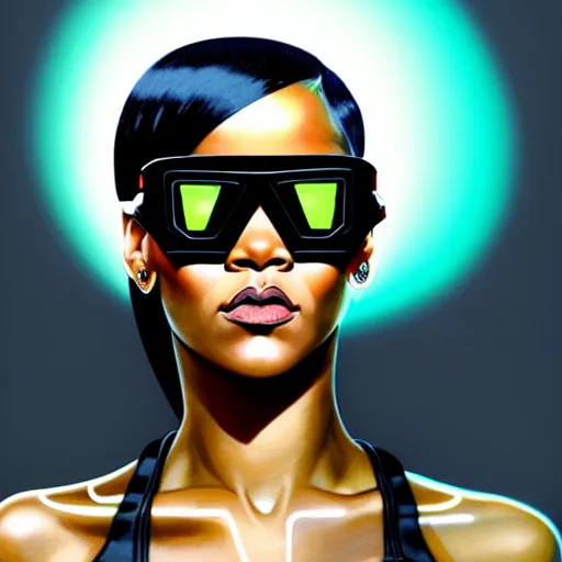 Image similar to Rihanna wearing opaque reflective goggles profile picture by Greg Rutkowski, asymmetrical, futuristic, volumetric lights, streetwear, studio ghibli, Organic Painting , Matte Painting, geometric shapes, hard edges, street art, trending on the artstation, fantasy LUT, realistic by Sachin Teng + Martin Grip + Moebius + Patrick Gleason, smooth, sharp focus, illustration, art by John Collier and Albert Aublet and Krenz Cushart and Artem Demura and Alphonse Mucha, techwear, Industrial Scifi, detailed illustration, character portrait,