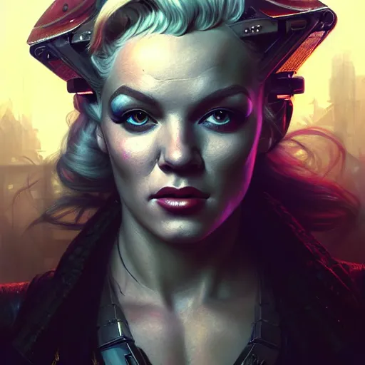 Image similar to portrait painting of a cyberpunk dwarven decker who looks like marilyn monroe, ultra realistic, concept art, intricate details, eerie, highly detailed, photorealistic, octane render, 8 k, unreal engine. art by artgerm and greg rutkowski and charlie bowater and magali villeneuve and alphonse mucha