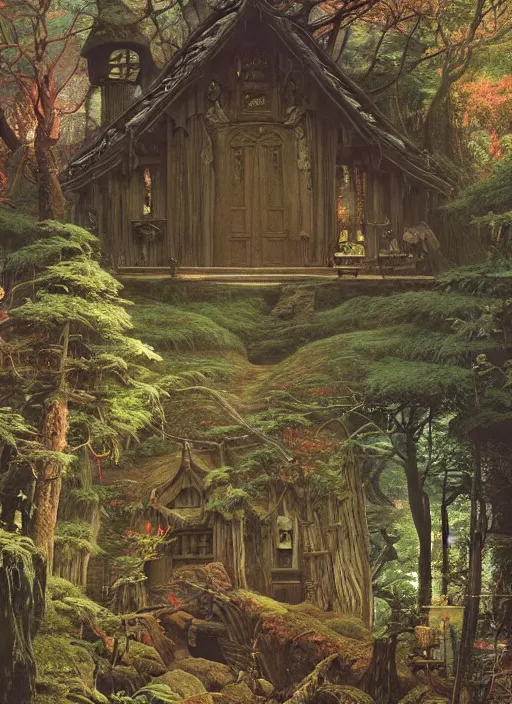 Image similar to hyper realistic witch cottage japanese shrine in the woods gorgeous lighting, highly detailed, lush forest painting by zdzisław beksinski and norman rockwell and greg rutkowskiweta studio, and lucasfilm