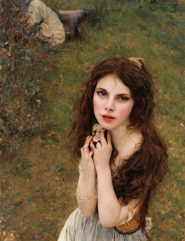 Image similar to tempting peasant girl with deep seductive décolleté looking in the camera, on a village, high angle view, portrait, Cinematic focus, Polaroid photo, vintage, neutral colors, soft lights, foggy, by Steve Hanks, by Serov Valentin, by lisa yuskavage, by Andrei Tarkovsky 8k render, detailed, oil on canvas