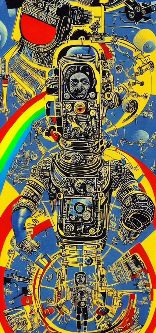 Prompt: aztec astronaut dissolving into cybernetic transhumanistic bio mechanical game console god, basil wolverton, high detail, african safari, mario clouds, studio ghibli, mc escher, picasso, dali, muted but vibrant colors, cubism, gold speckles, rainbow tubing, melting, morphing, tape distortion